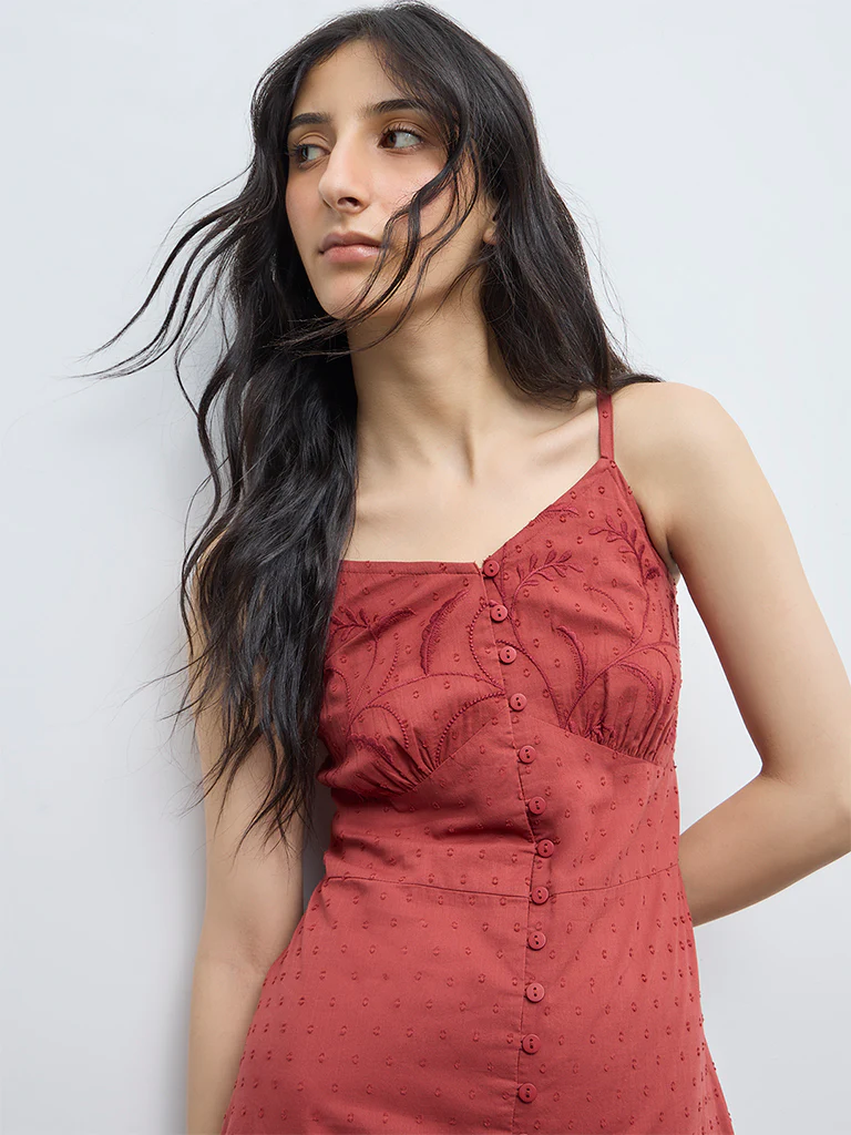 Bombay Paisley Rust Embroidered A-Line Cotton Dress - Image 3