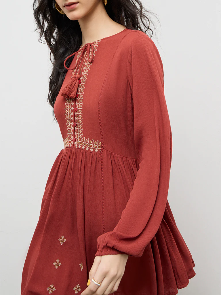 Bombay Paisley Rust Embroidered A-Line Dress - Image 2