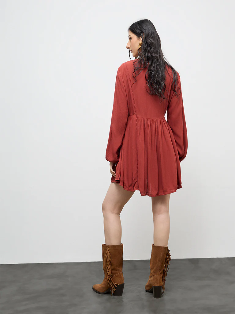 Bombay Paisley Rust Embroidered A-Line Dress - Image 3