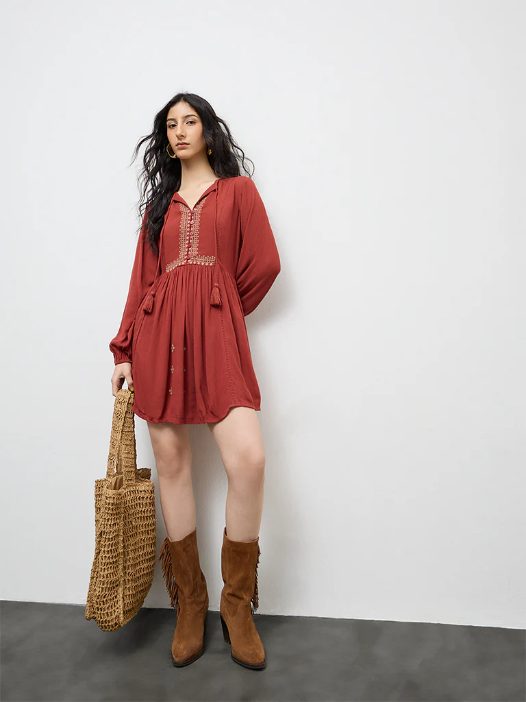 Bombay Paisley Rust Embroidered A-Line Dress - Image 4