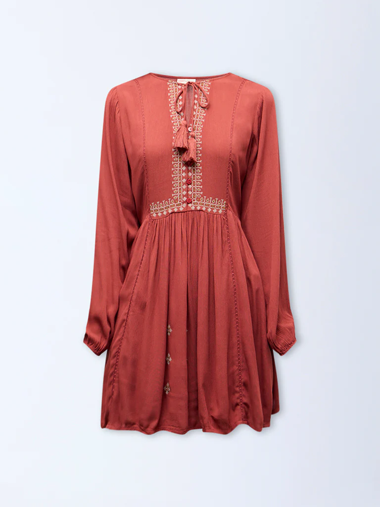 Bombay Paisley Rust Embroidered A-Line Dress - Image 5