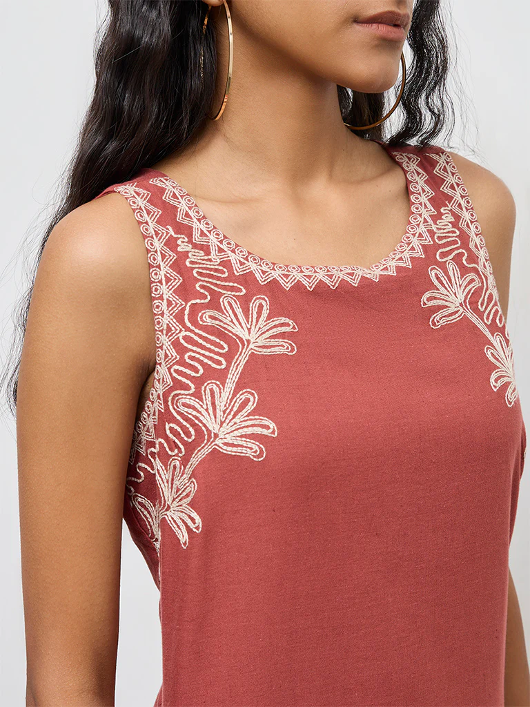 Bombay Paisley Rust Embroidered Cotton-Blend Shift Dress - Image 3
