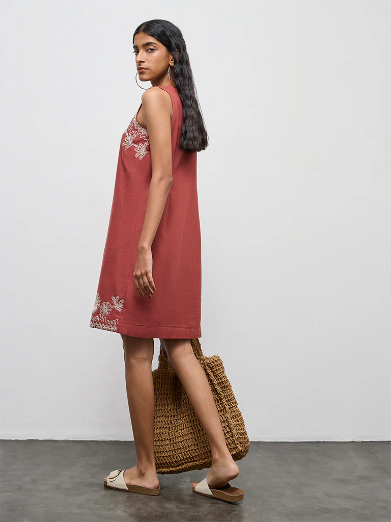 Bombay Paisley Rust Embroidered Cotton-Blend Shift Dress - Image 4