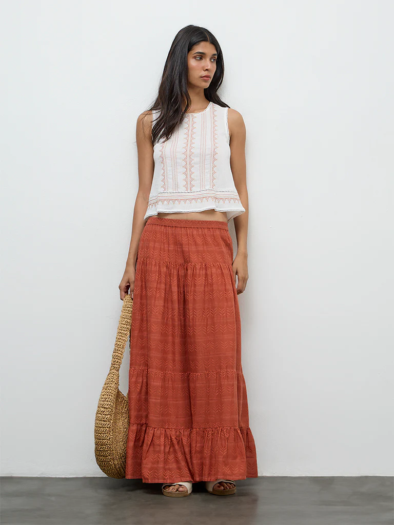 Bombay Paisley Rust Embroidered Cotton Maxi Skirt