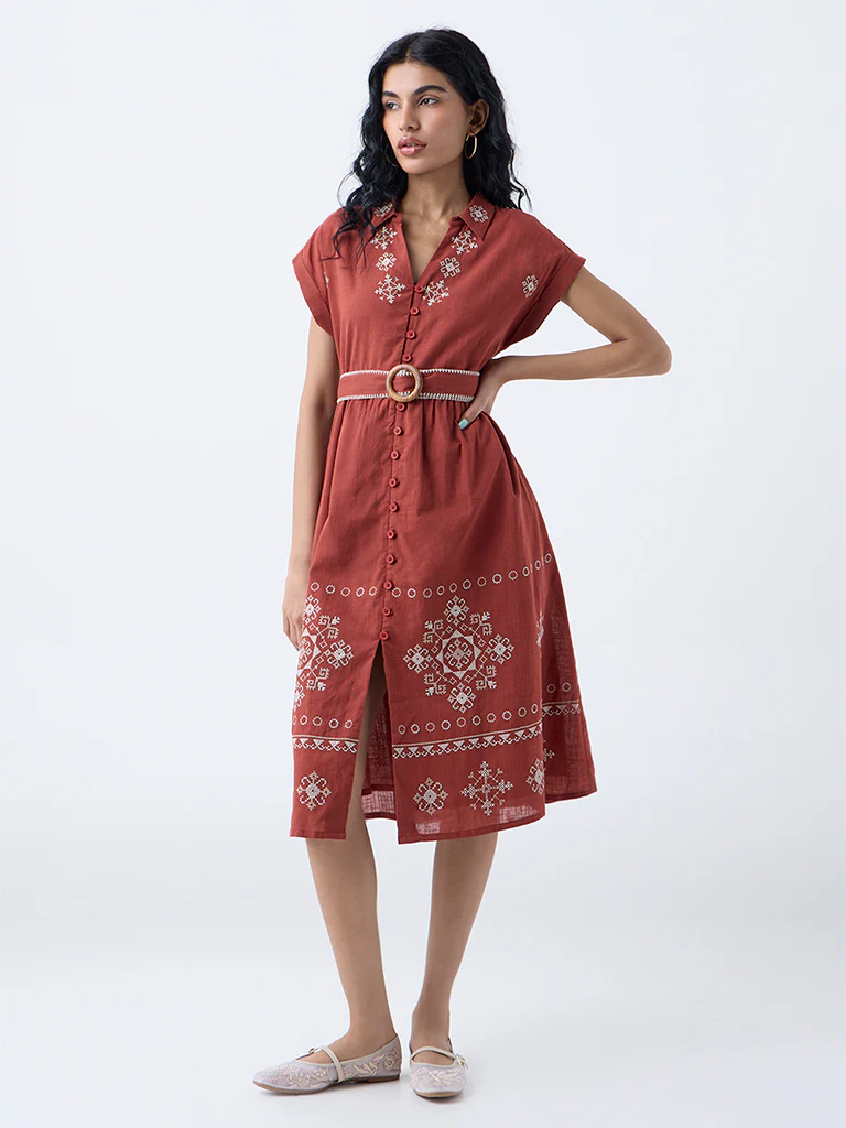 Bombay Paisley Rust Embroidered Cotton Shirt Dress with Belt - Image 2