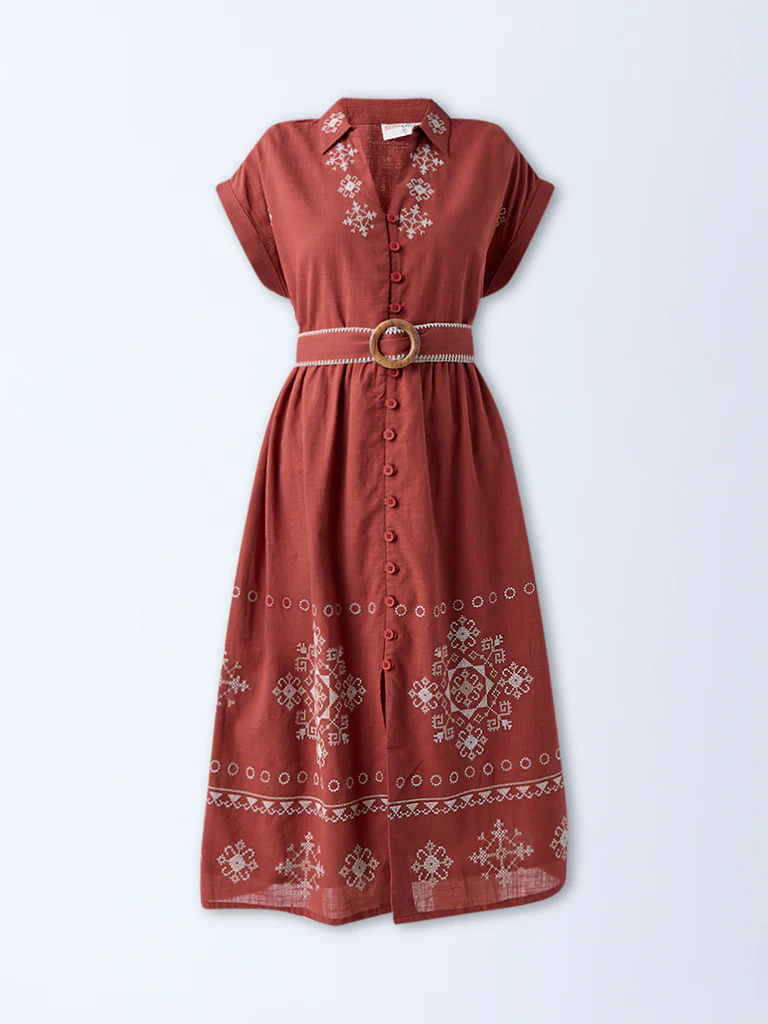 Bombay Paisley Rust Embroidered Cotton Shirt Dress with Belt - Image 5