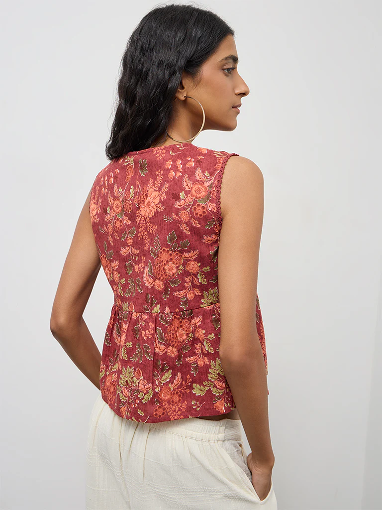 Bombay Paisley Rust Floral Design Ruched Cotton Top - Image 4