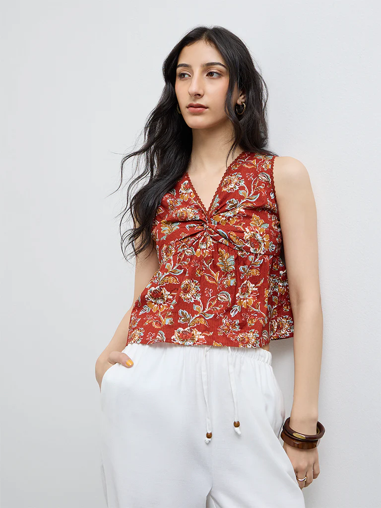 Bombay Paisley Rust Floral Printed Cotton Top - Image 2