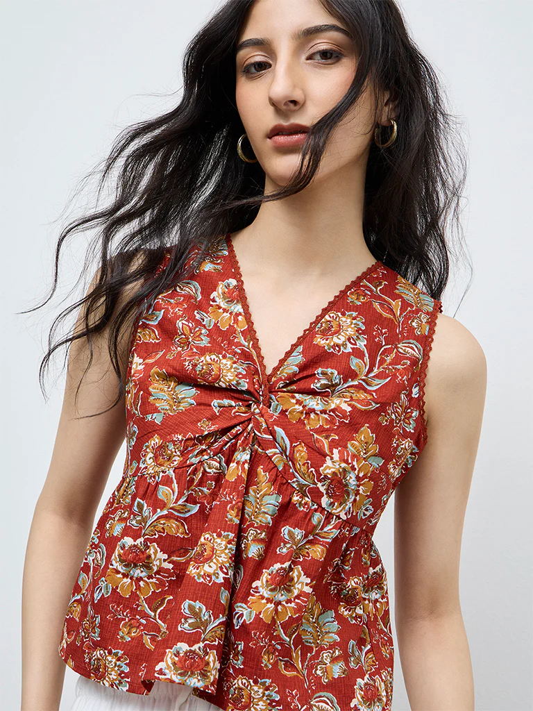 Bombay Paisley Rust Floral Printed Cotton Top - Image 3