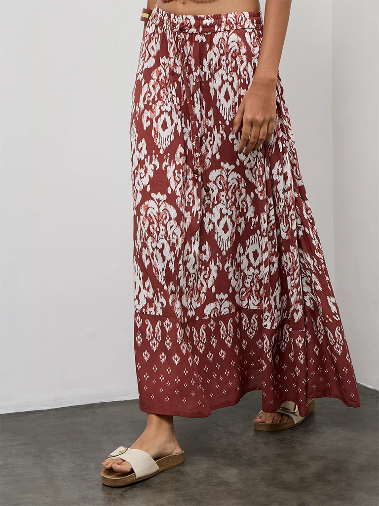 Bombay Paisley Rust Ikat Design High-Rise Cotton Skirt - Image 2