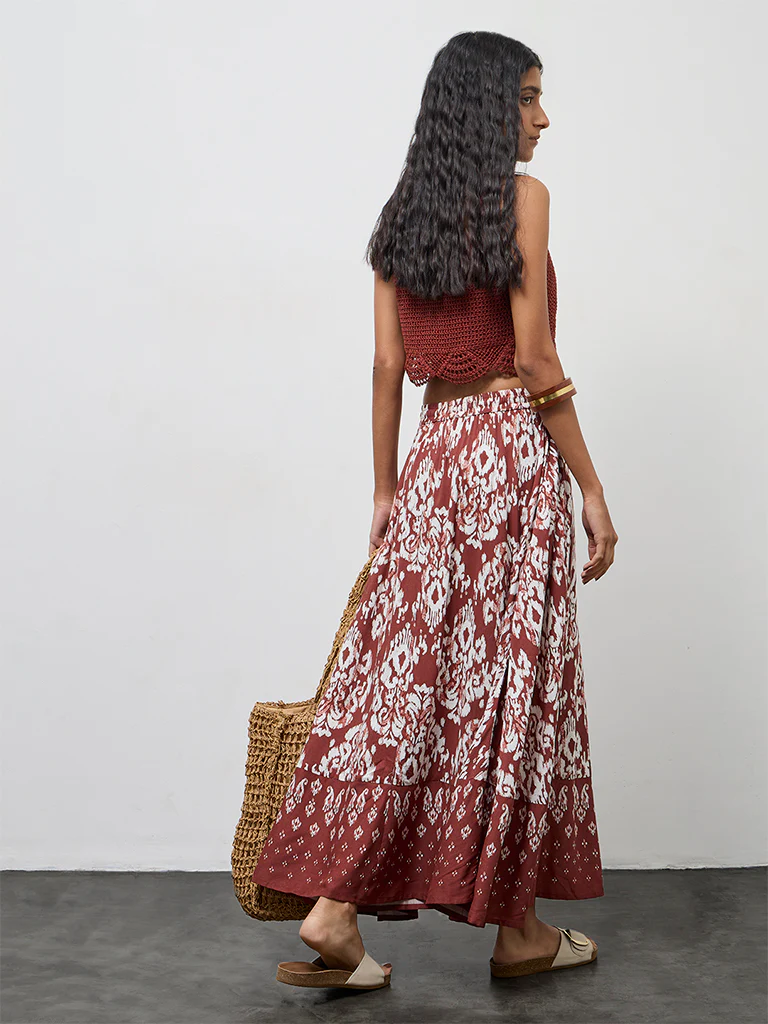 Bombay Paisley Rust Ikat Design High-Rise Cotton Skirt - Image 4