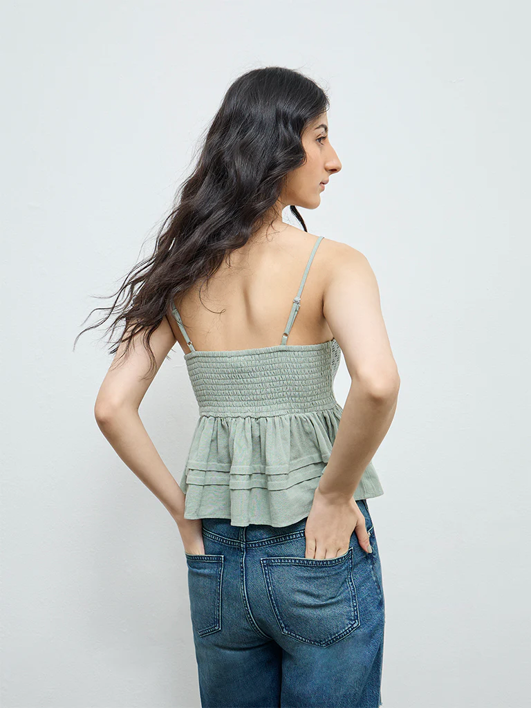 Bombay Paisley Sage Embroidered Cotton Peplum Top - Image 4