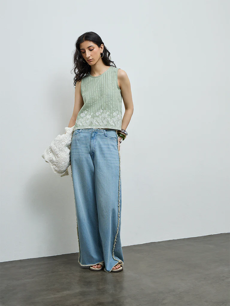 Bombay Paisley Sage Embroidered Cotton Top