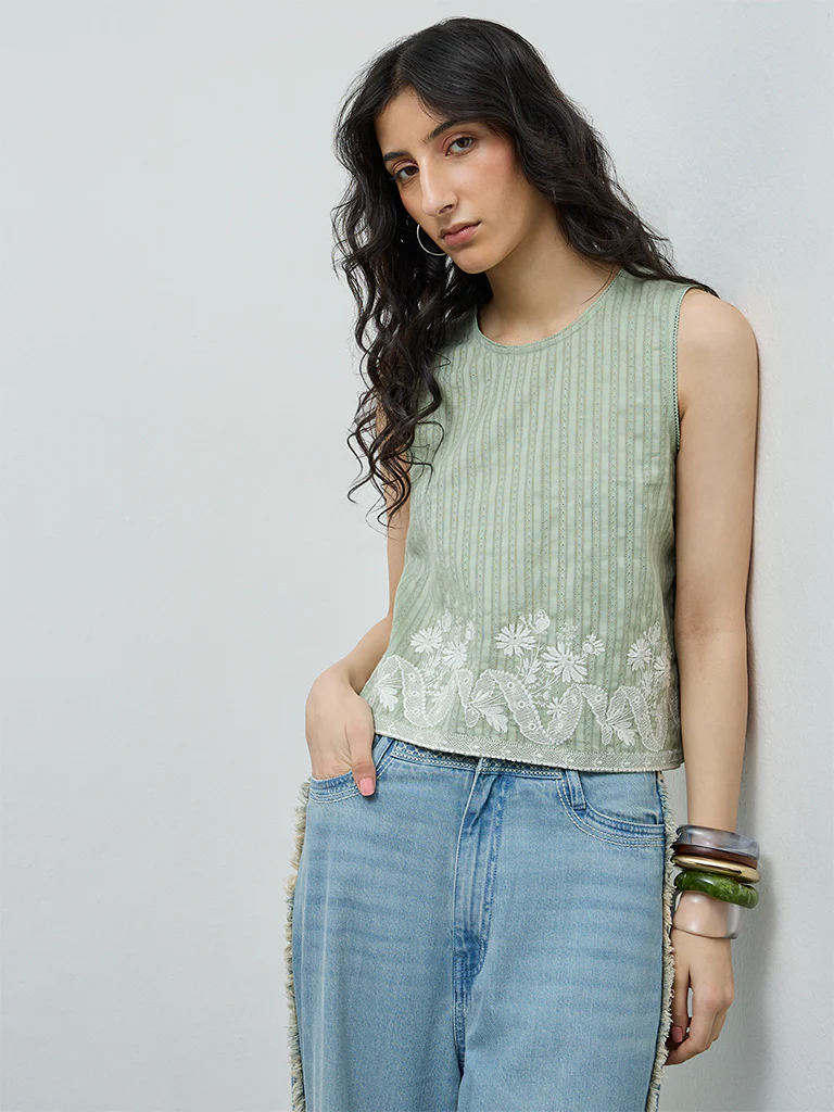 Bombay Paisley Sage Embroidered Cotton Top - Image 2