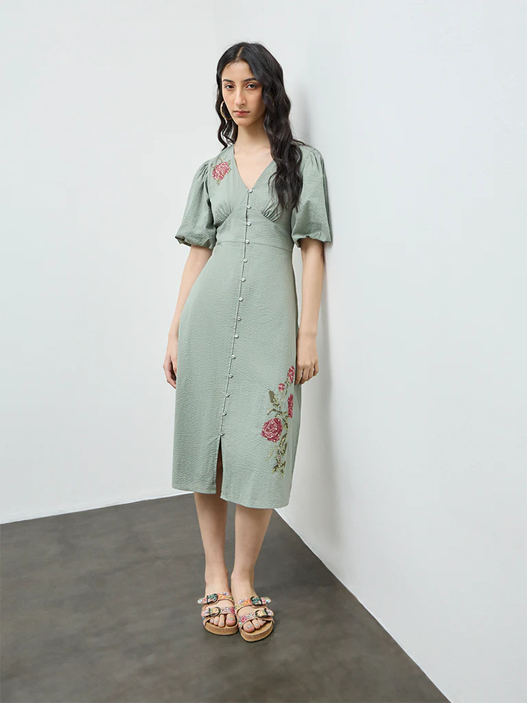 Bombay Paisley Sage Floral Embroidered Cotton A-Line Dress