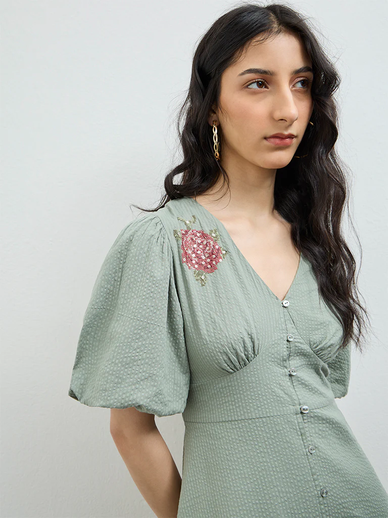 Bombay Paisley Sage Floral Embroidered Cotton A-Line Dress - Image 3
