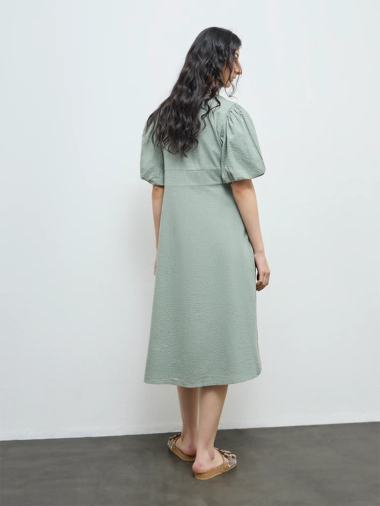 Bombay Paisley Sage Floral Embroidered Cotton A-Line Dress - Image 4