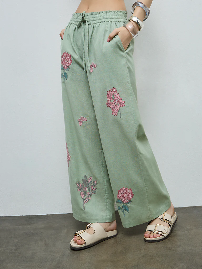 Bombay Paisley Sage Floral Embroidered Cotton-Blend Palazzos - Image 2