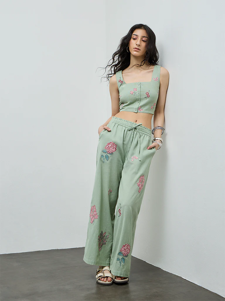Bombay Paisley Sage Floral Embroidered Cotton-Blend Top - Image 2