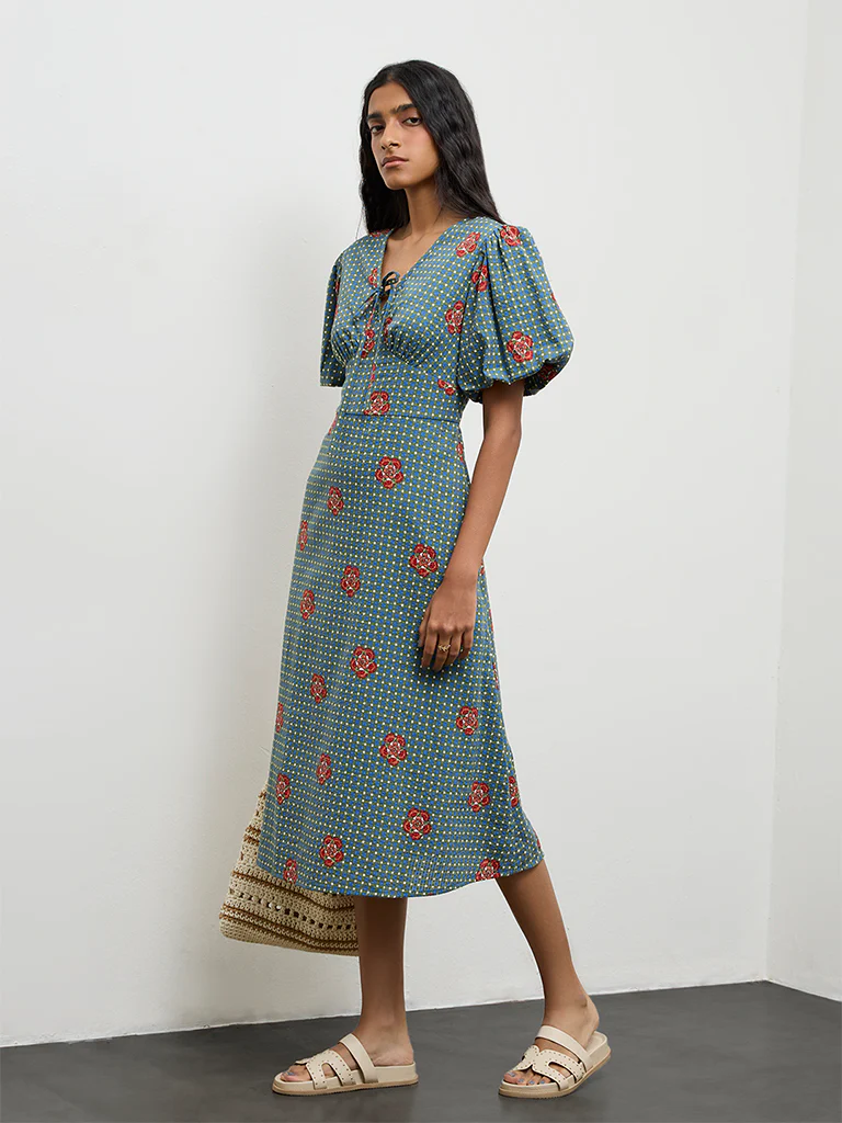 Bombay Paisley Teal Floral Printed Cotton A-Line Dress - Image 2