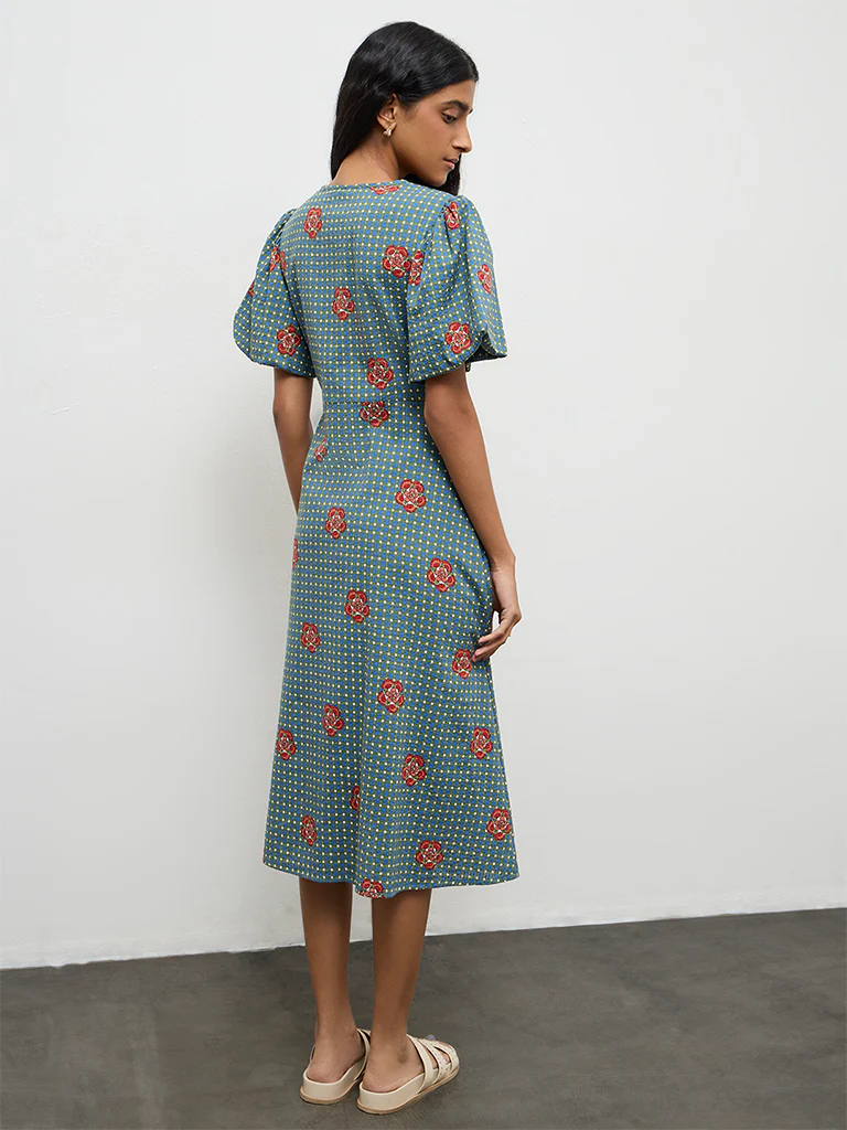 Bombay Paisley Teal Floral Printed Cotton A-Line Dress - Image 4