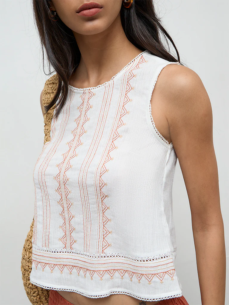 Bombay Paisley White Aztec Embroidered Cotton Top - Image 3
