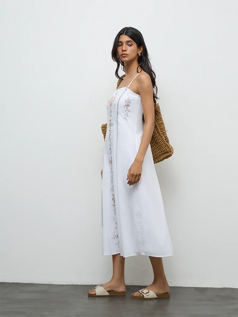 Bombay Paisley White Embroidered Cotton-Blend A-Line Dress - Image 2