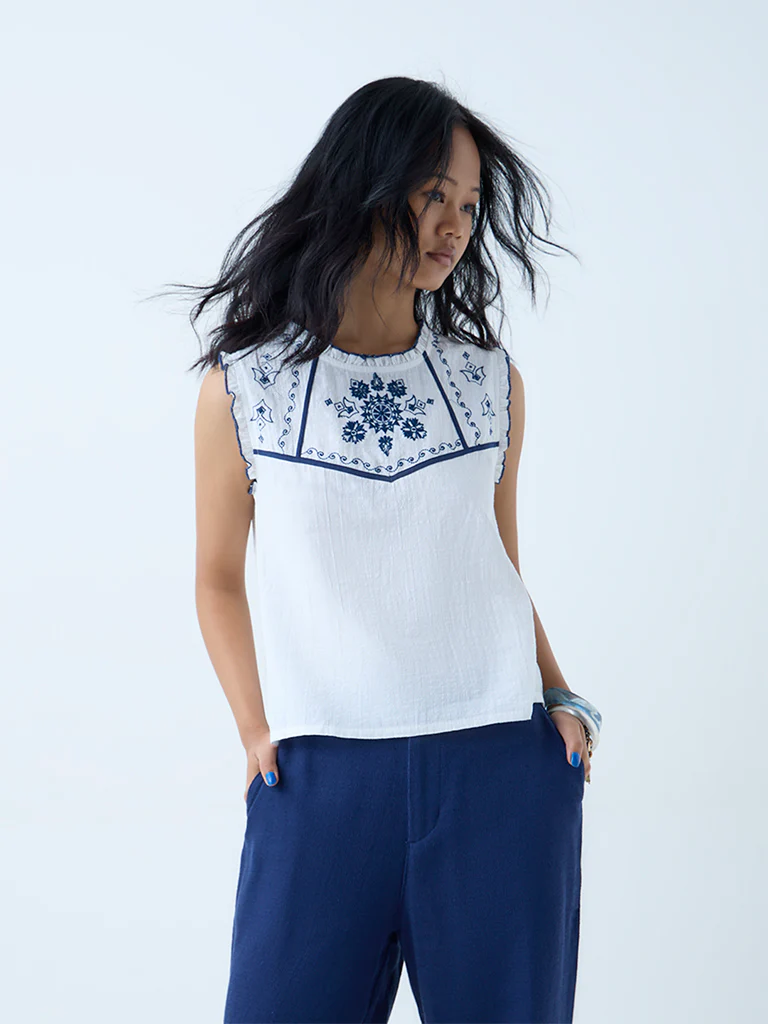 Bombay Paisley White Embroidered Cotton-Blend Top