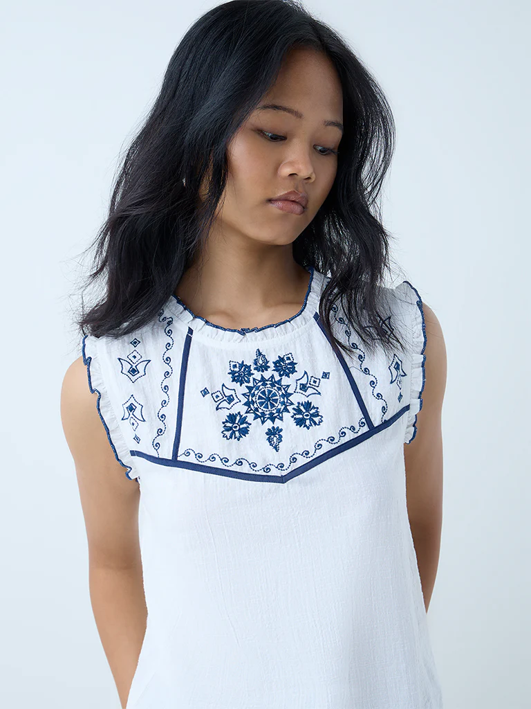 Bombay Paisley White Embroidered Cotton-Blend Top - Image 3