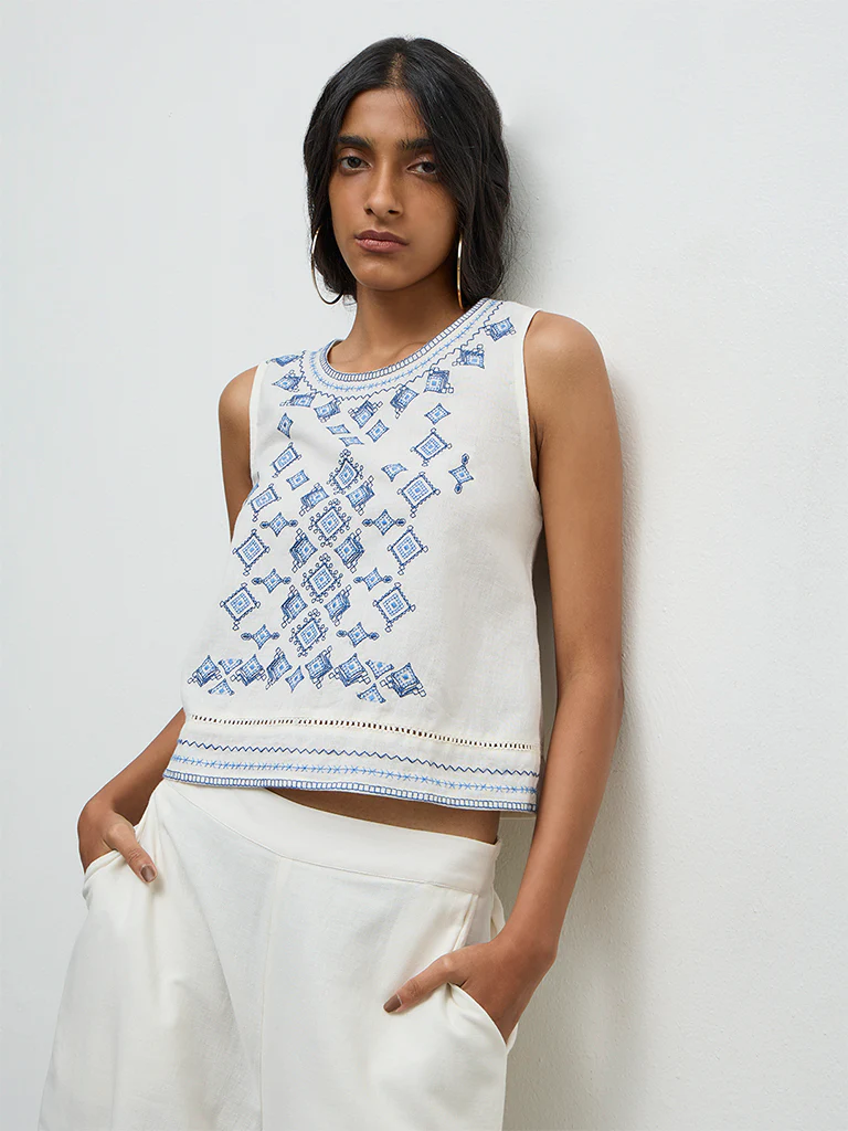 Bombay Paisley White Embroidered Cotton-Blend Top - Image 2