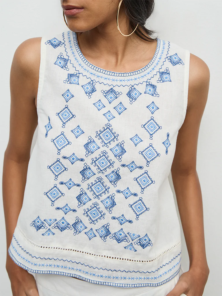 Bombay Paisley White Embroidered Cotton-Blend Top - Image 3