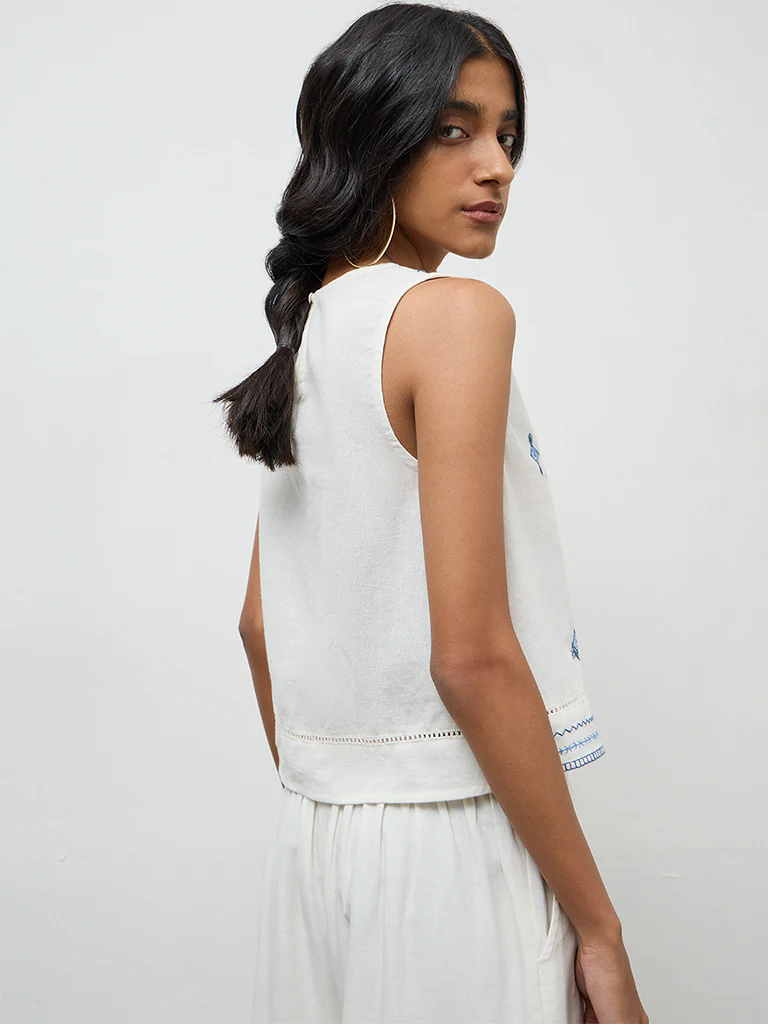 Bombay Paisley White Embroidered Cotton-Blend Top - Image 4