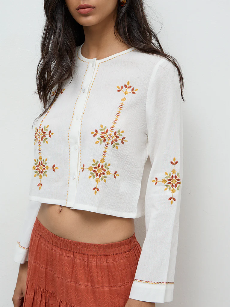 Bombay Paisley White Embroidered Cotton Blouse - Image 3