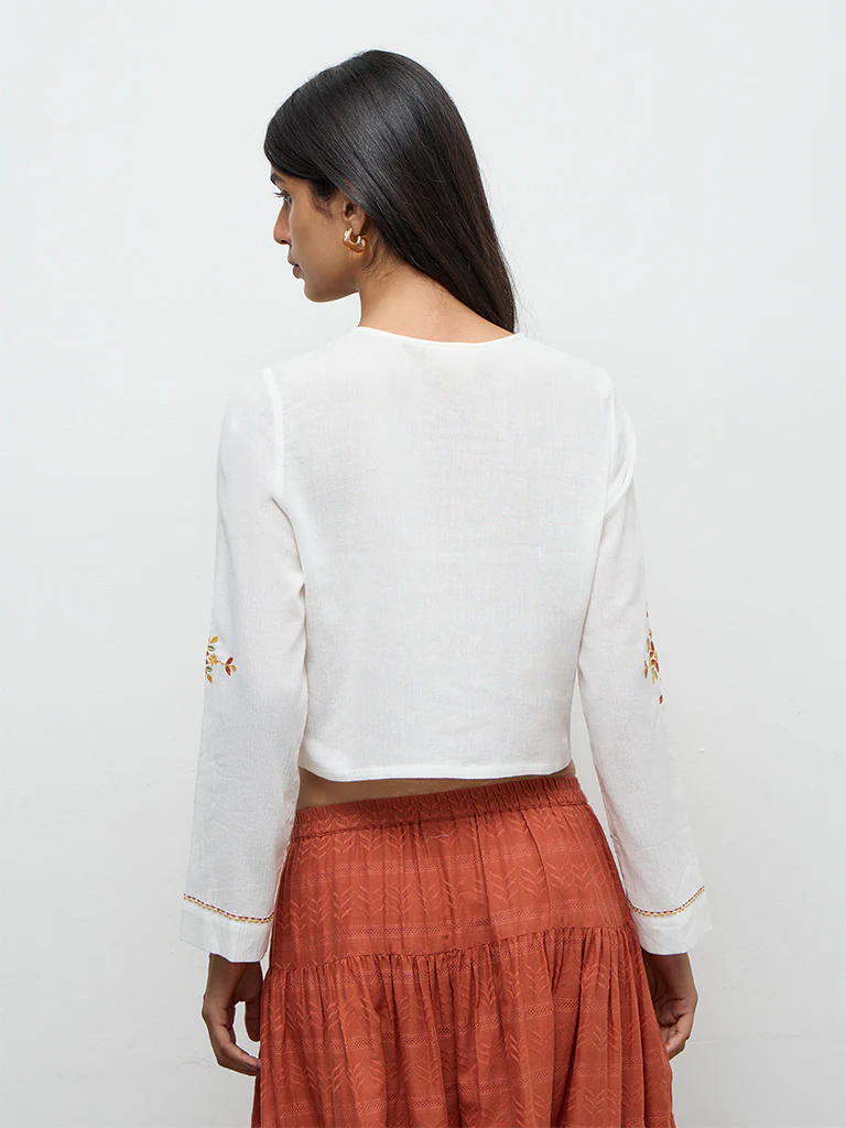 Bombay Paisley White Embroidered Cotton Blouse - Image 4
