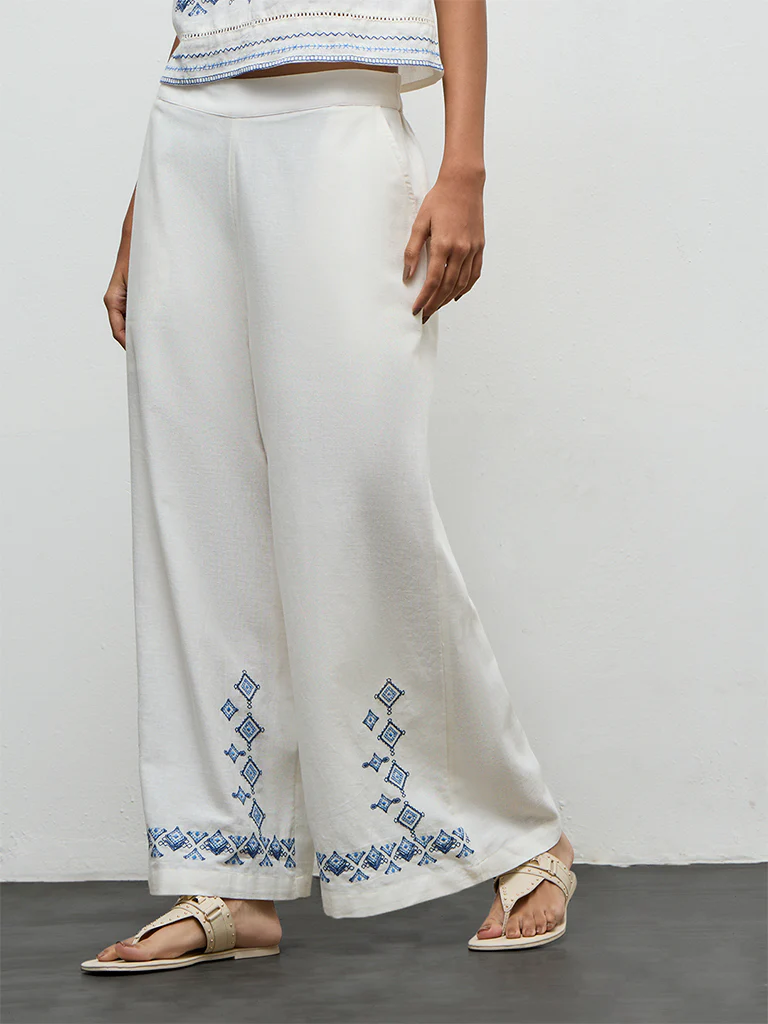 Bombay Paisley White Embroidered Cotton High-Rise Pants
