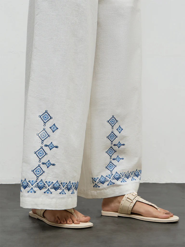 Bombay Paisley White Embroidered Cotton High-Rise Pants - Image 3