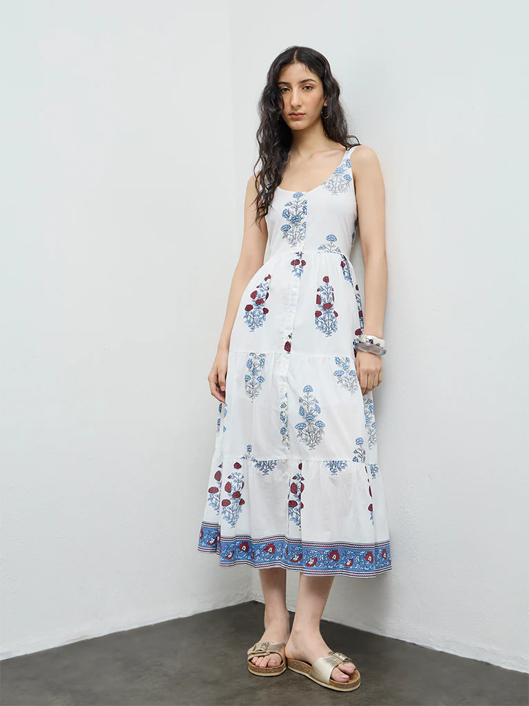 Bombay Paisley White Floral Cotton Tiered Dress - Image 2