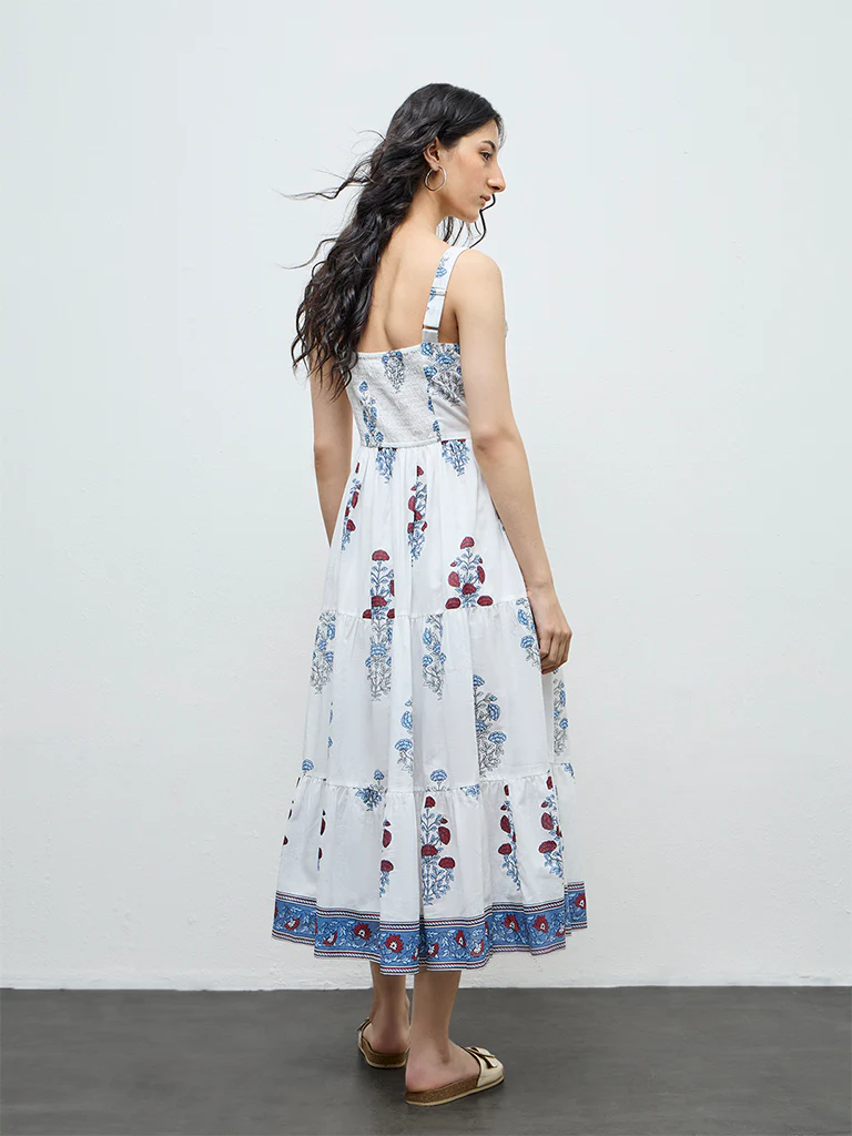Bombay Paisley White Floral Cotton Tiered Dress - Image 4
