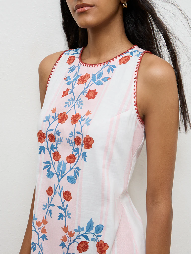 Bombay Paisley White Floral-Design Cotton Shift Dress - Image 3