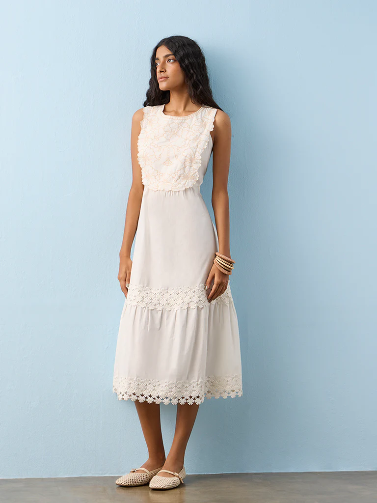 Bombay Paisley White Floral Embroidered Cotton A-Line Dress - Image 2