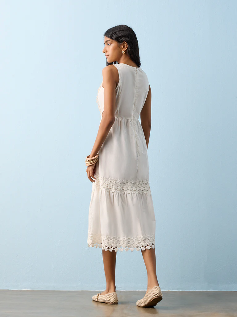Bombay Paisley White Floral Embroidered Cotton A-Line Dress - Image 4