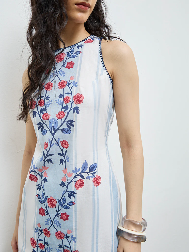 Bombay Paisley White Floral Pattern Cotton Shift Dress - Image 3