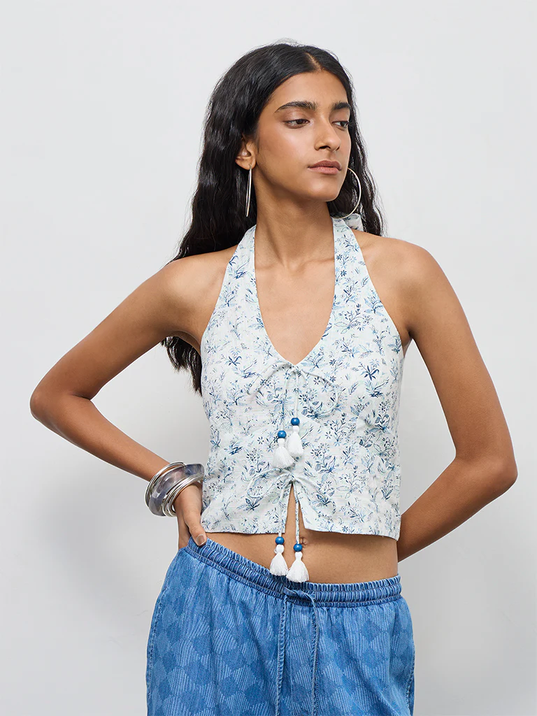 Bombay Paisley White Floral Printed Halter-Neck Cotton Top - Image 2