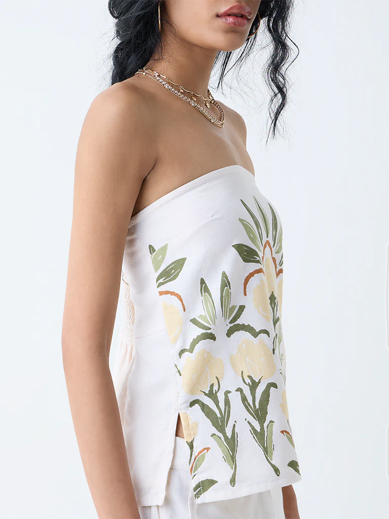 Bombay Paisley White Foliage Print Cotton-Blend Tube Top - Image 3