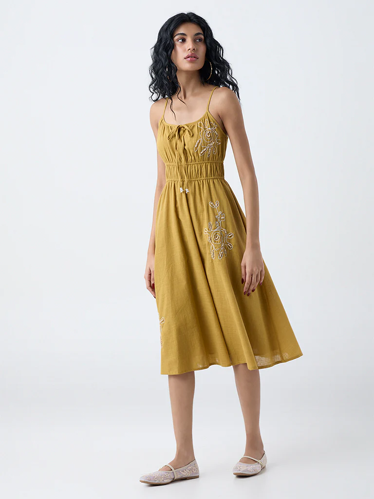 Bombay Paisley Yellow Embroidered Cotton A-Line Dress - Image 2