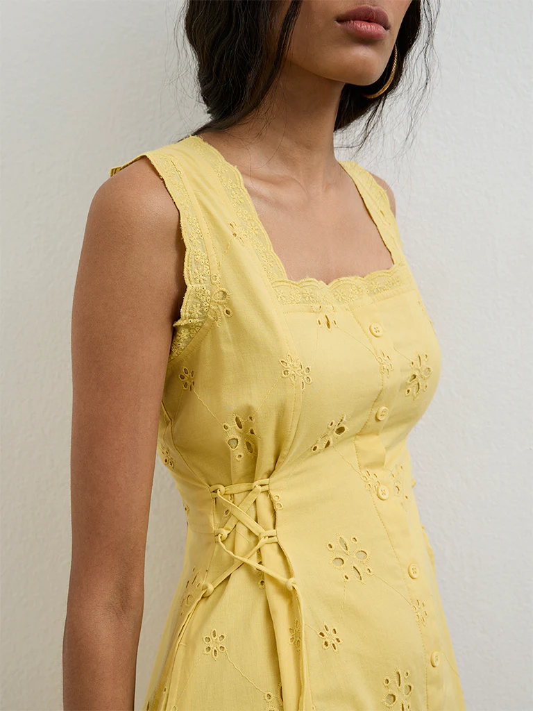 Bombay Paisley Yellow Embroidered Cotton A-Line Dress - Image 3