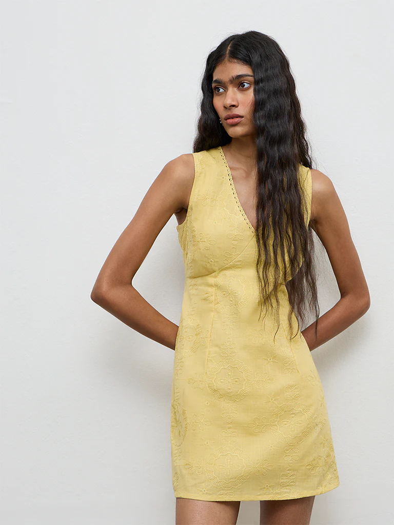 Bombay Paisley Yellow Embroidered Cotton A-Line Dress - Image 2