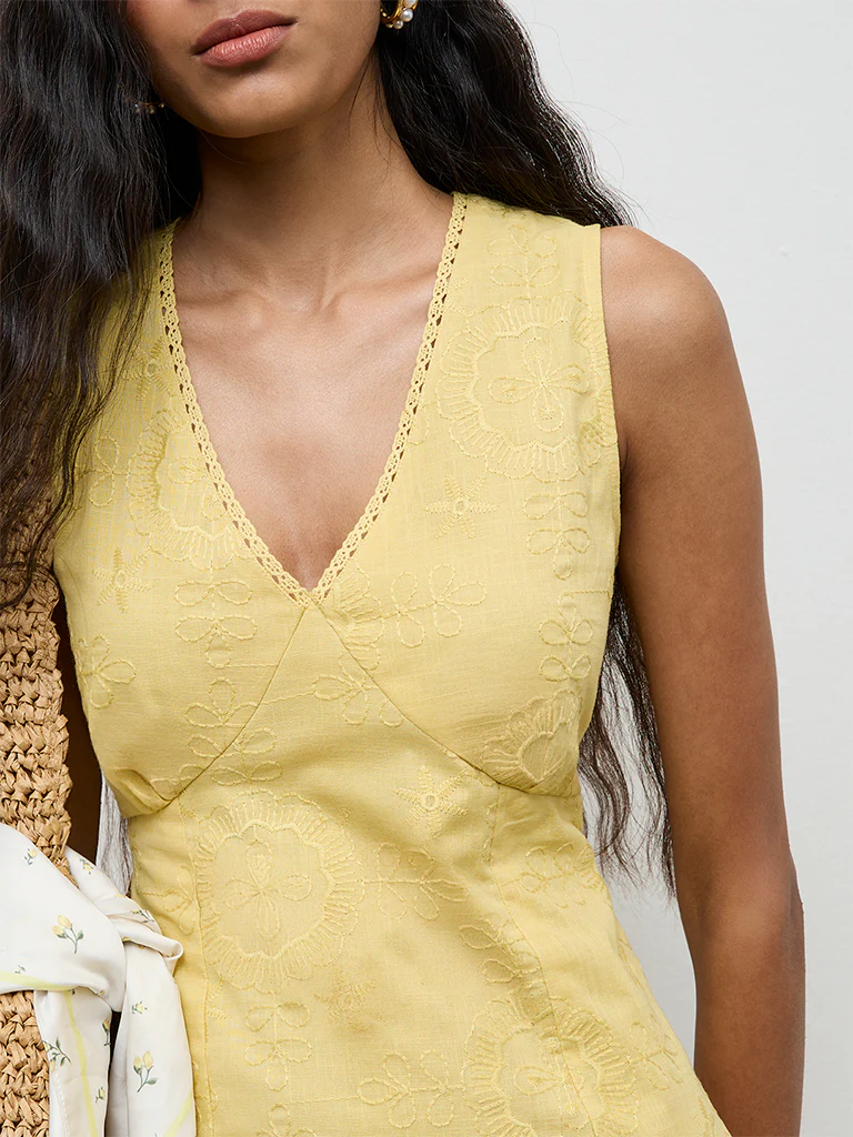Bombay Paisley Yellow Embroidered Cotton A-Line Dress - Image 3