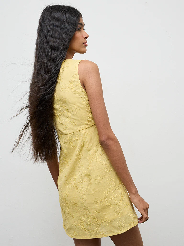 Bombay Paisley Yellow Embroidered Cotton A-Line Dress - Image 4