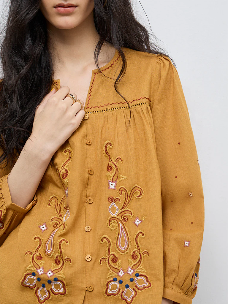 Bombay Paisley Yellow Embroidered Cotton Top - Image 3